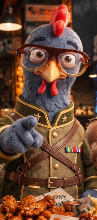 Derrick's blue-gray animated alter ego in oversized glasses and a military-inspired uniform