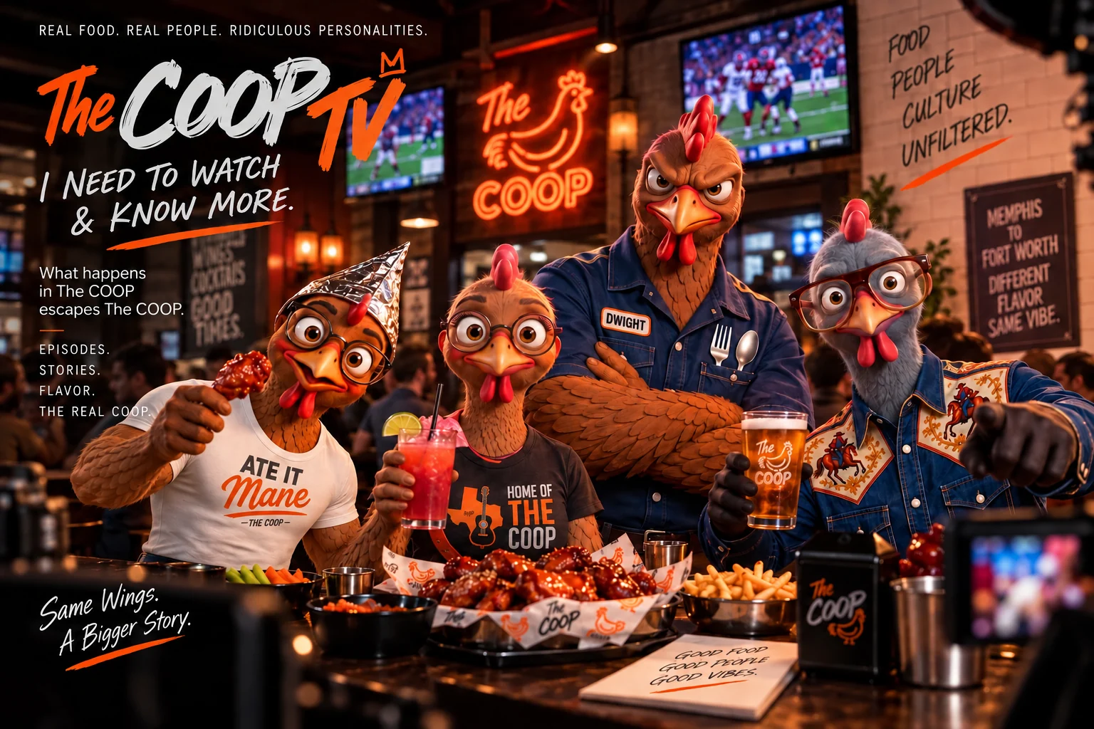 The four COOP TV characters around a table of wings and drinks inside The COOP: Darius the Mad Scientist in his tinfoil hat holding a wing, their companion with a cocktail, Dwight the Enforcer in his denim work shirt, and Derrick the General pointing across the table