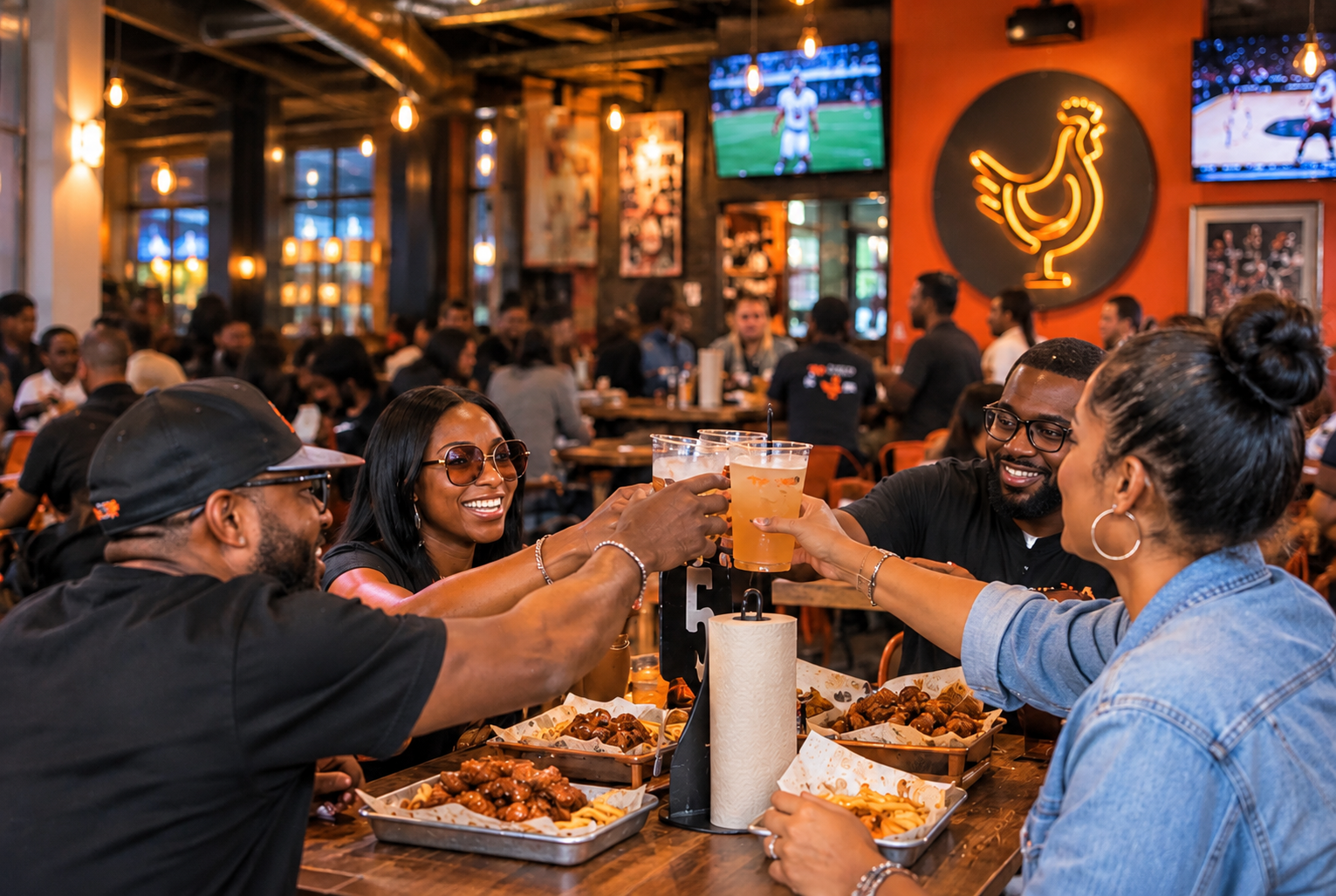 Friends sharing wings and raising drinks inside The COOP