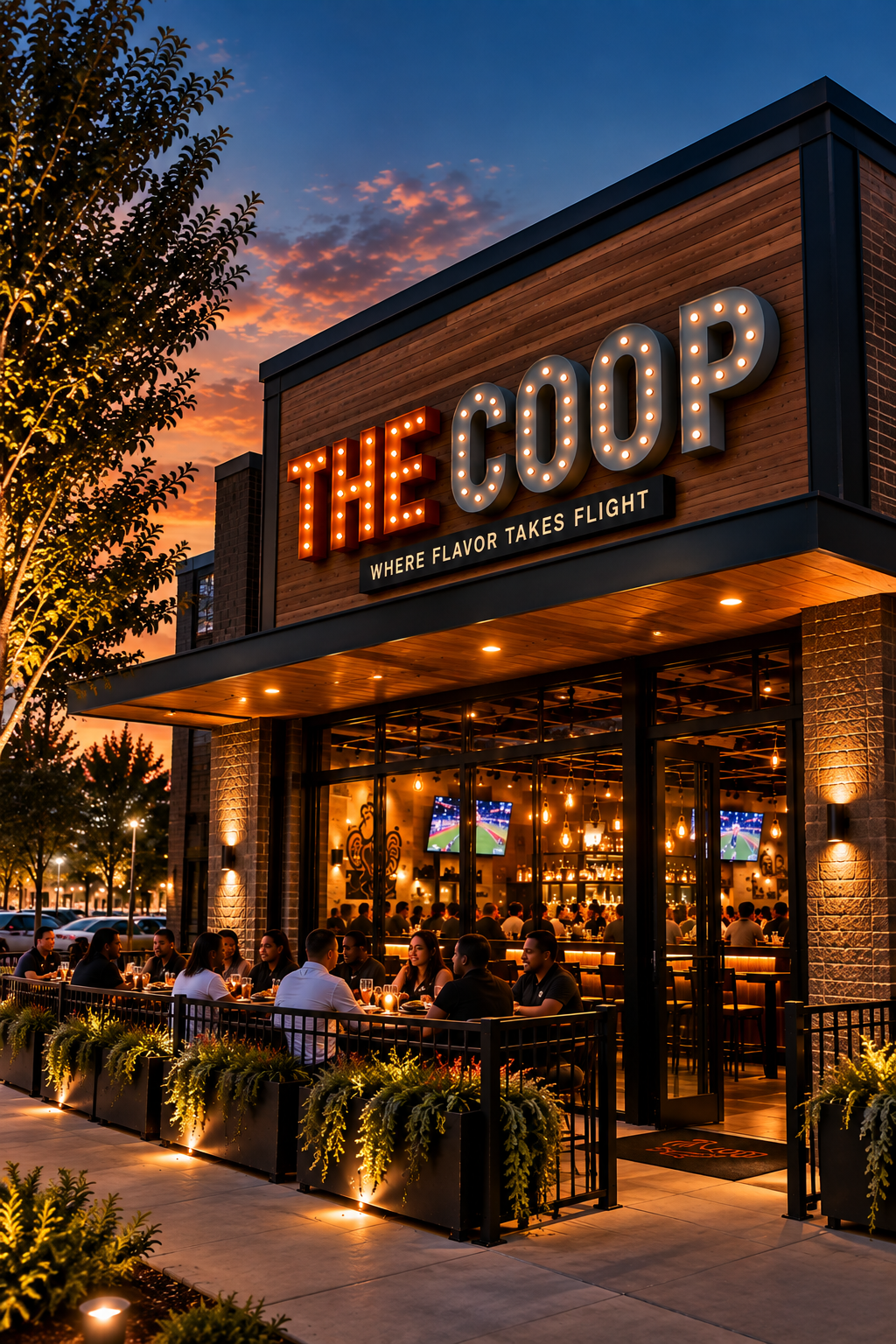 The COOP restaurant exterior and patio at dusk