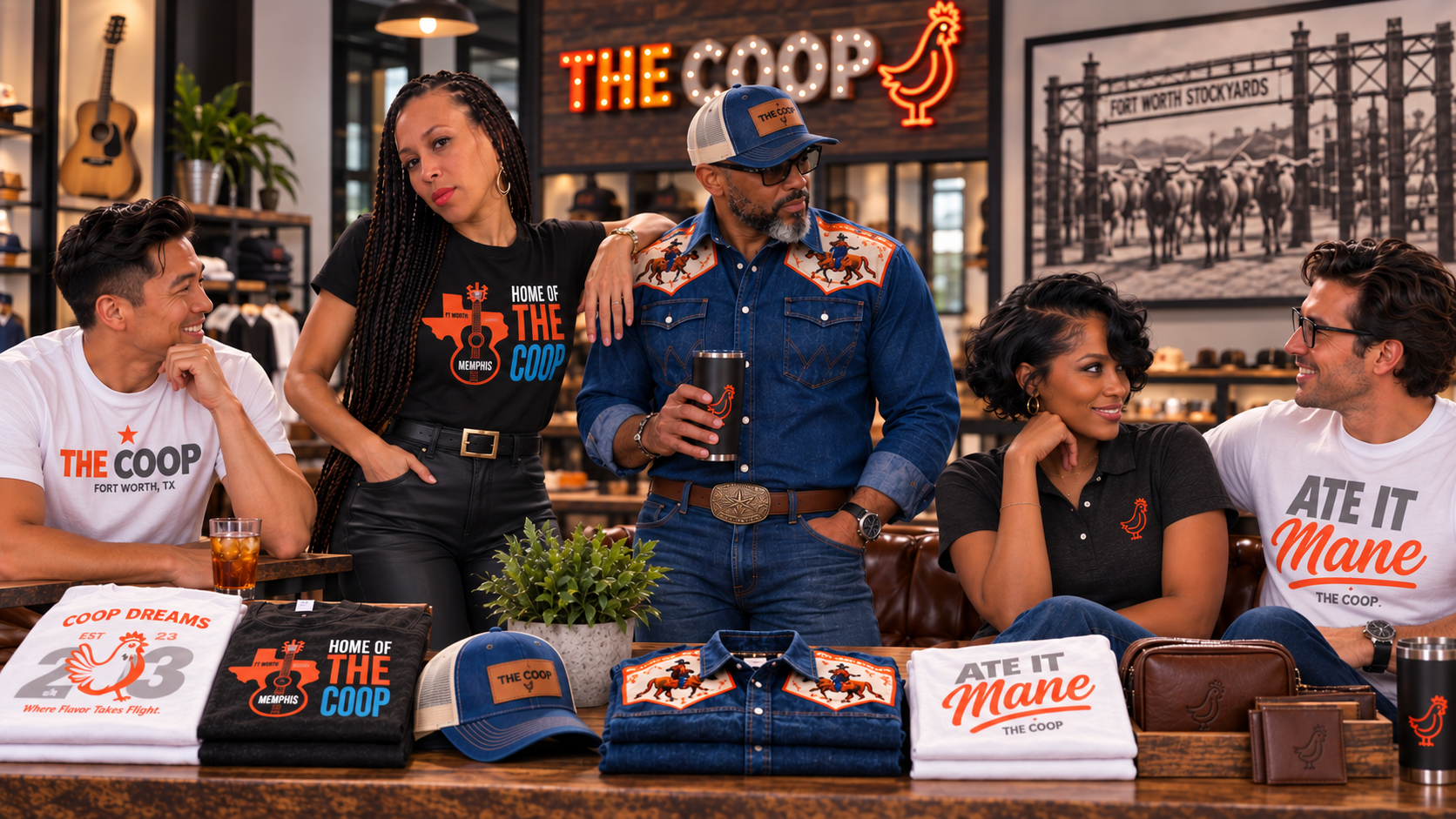 Guests wearing The COOP apparel — tees, The Texan western shirt, caps and trucker hats — inside the shop