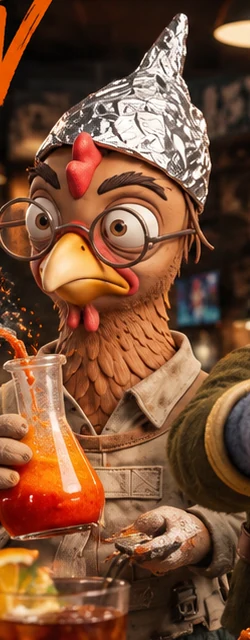 Darius's animated alter ego wearing a foil hat and round glasses, holding a bubbling flask