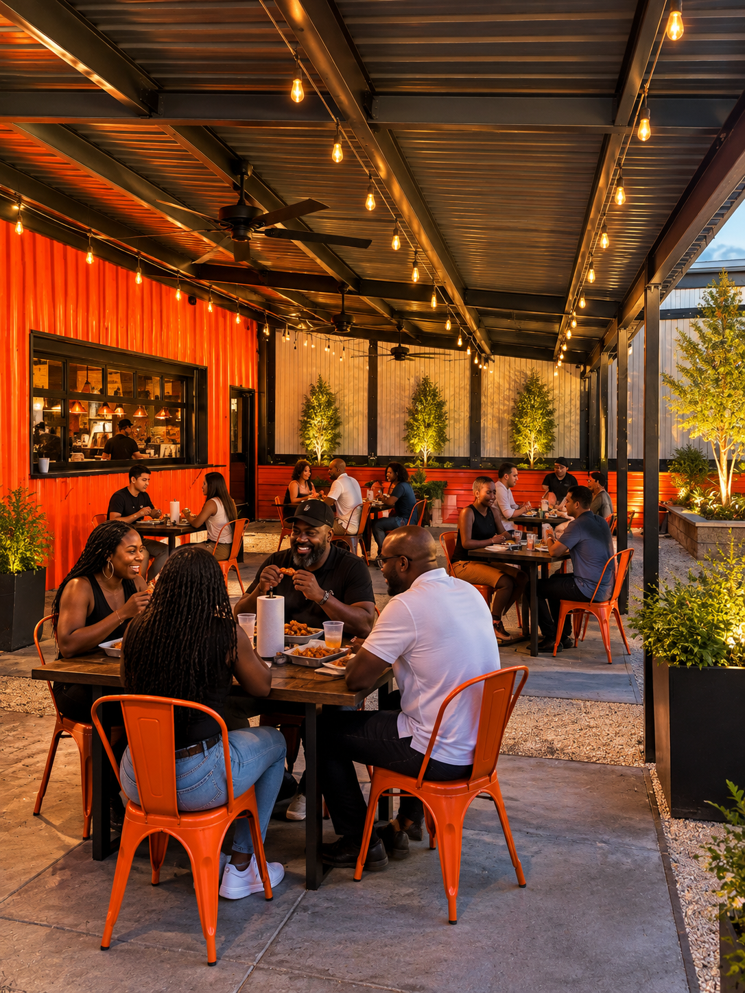 Guests dining together beneath warm lights on The COOP patio