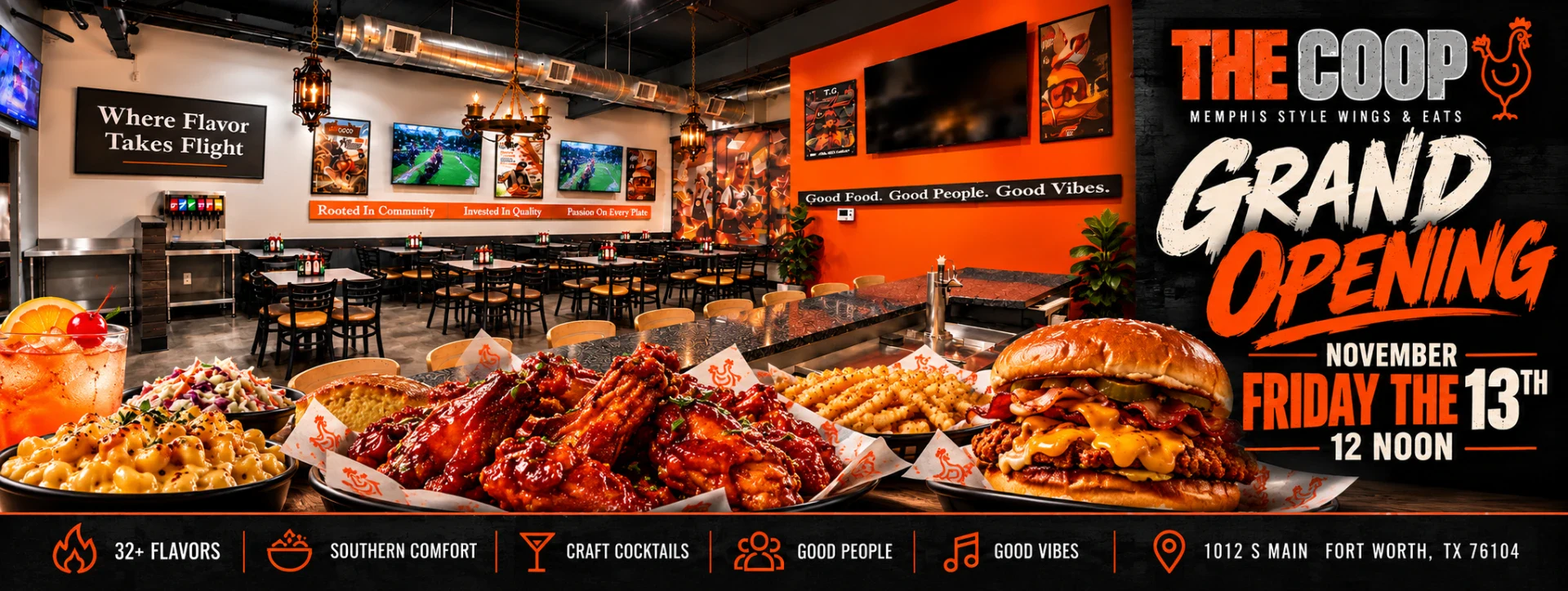 The COOP Grand Opening, Friday, November 13 at 12 noon, 1012 S Main, Fort Worth, TX 76104 — wings, mac and cheese, fries, a chicken sandwich and a cocktail inside The COOP dining room