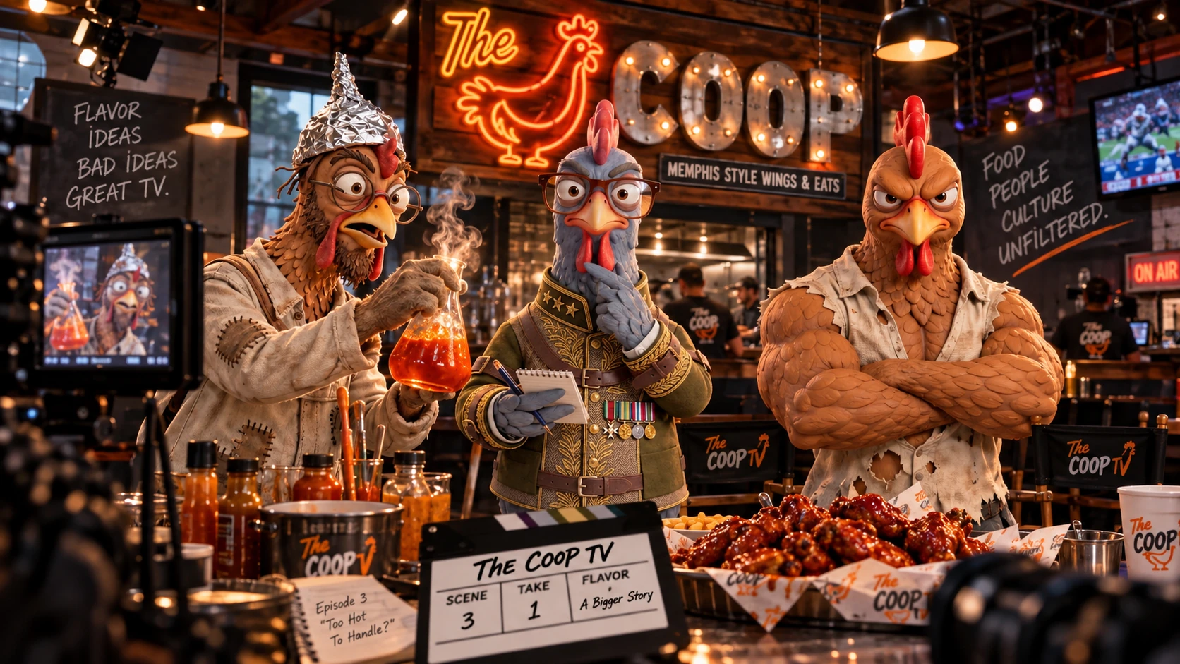 Darius experiments with sauce, Derrick directs with a notepad, and Dwight stands beside them on a COOP TV set inside The COOP, with wings and production equipment