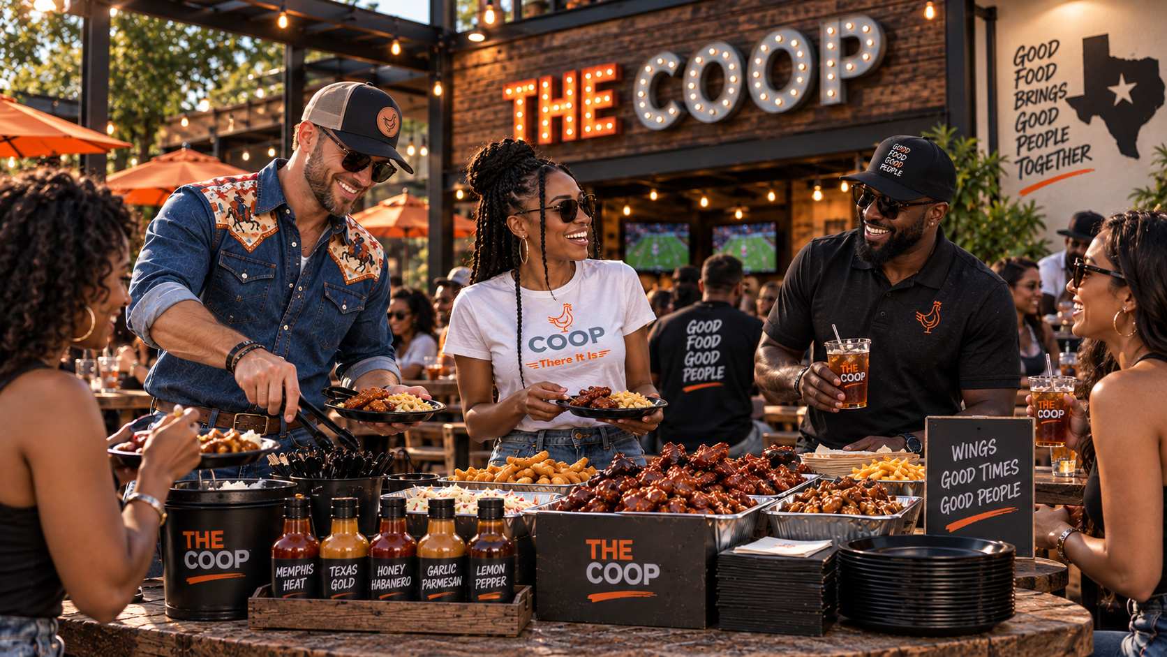Friends sharing wings and good times with The COOP