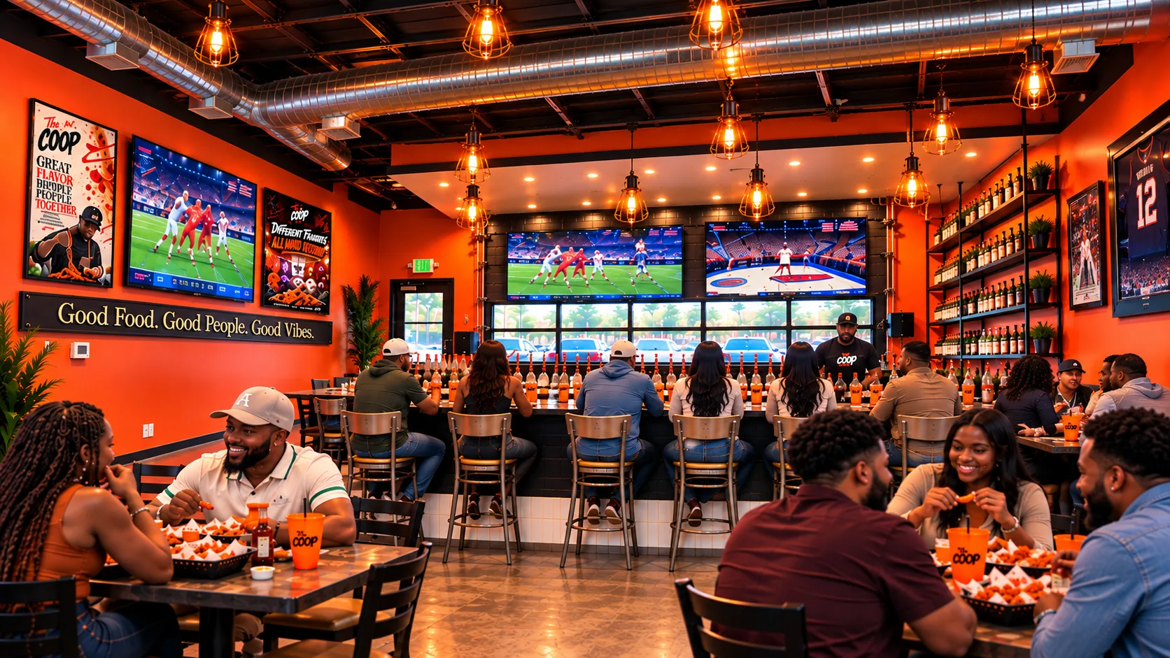 Preview rendering of The COOP Memphis-style wings restaurant in Fort Worth, showing guests, the bar, sports TVs, wall art and the Good Food. Good People. Good Vibes. sign