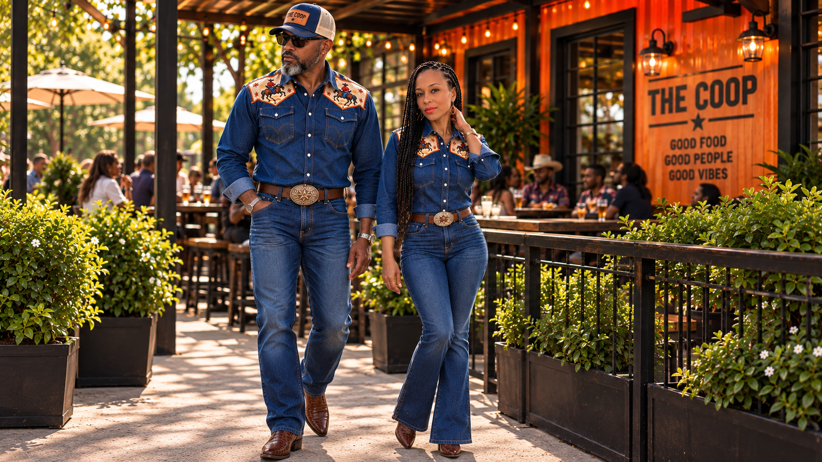 A man and woman wearing The Texan Western denim shirt on The COOP patio