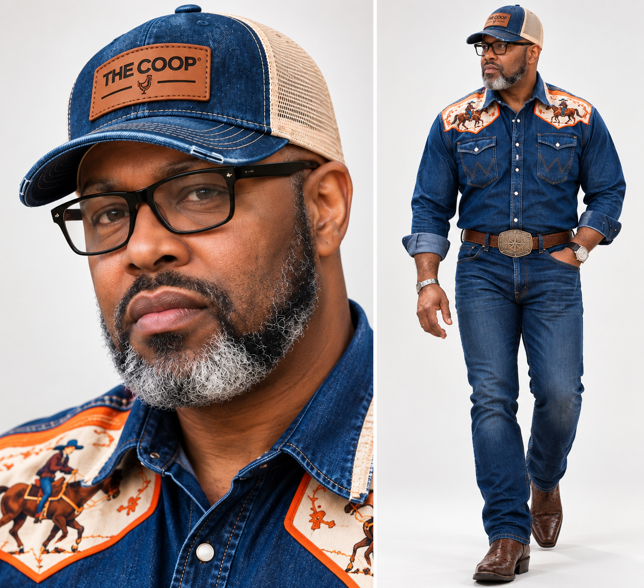 A model wearing The Texan Trucker Hat with The Texan Western shirt by The COOP