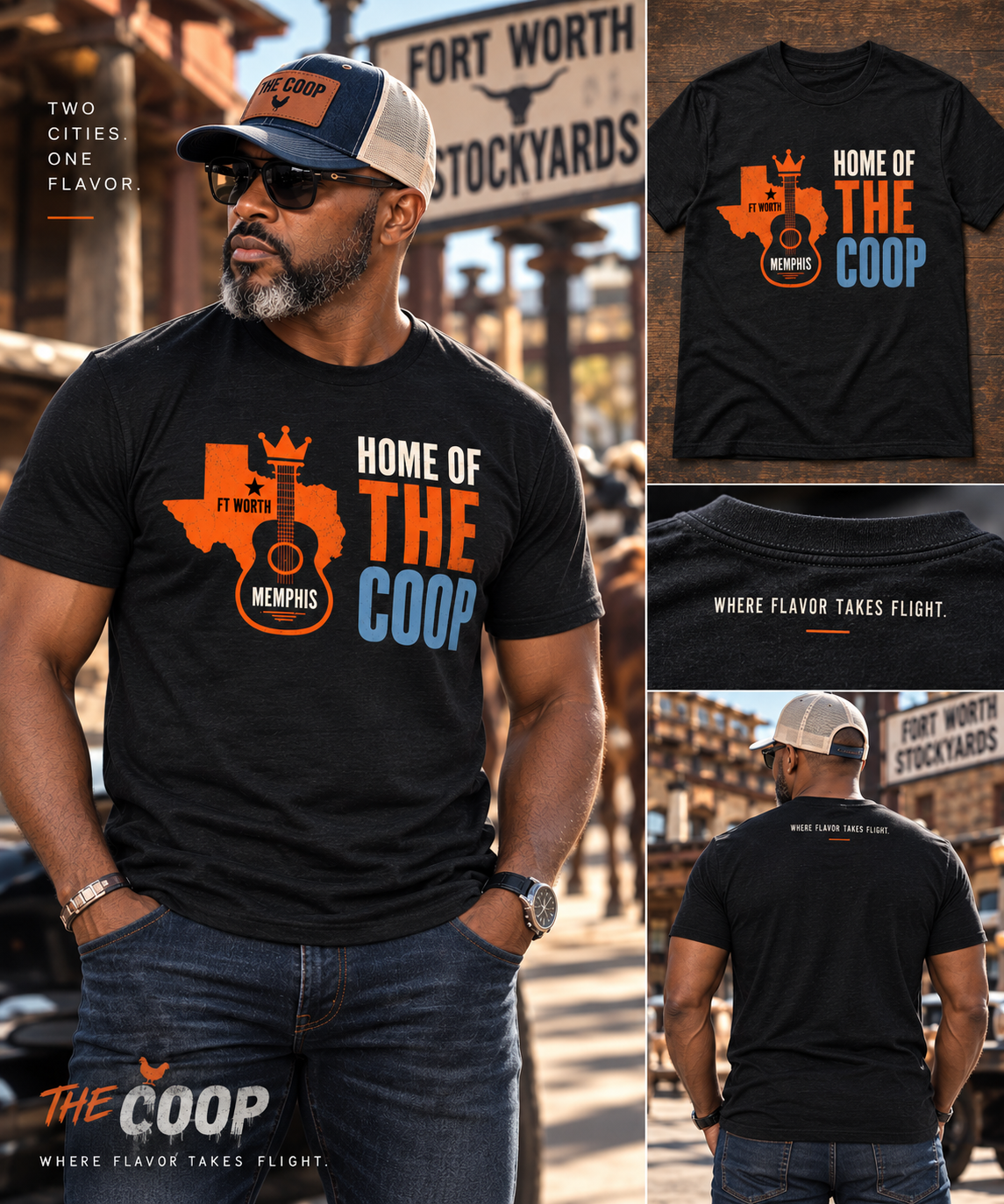 A model wearing the Home of The COOP Tee and The Texan Trucker Hat in the Fort Worth Stockyards