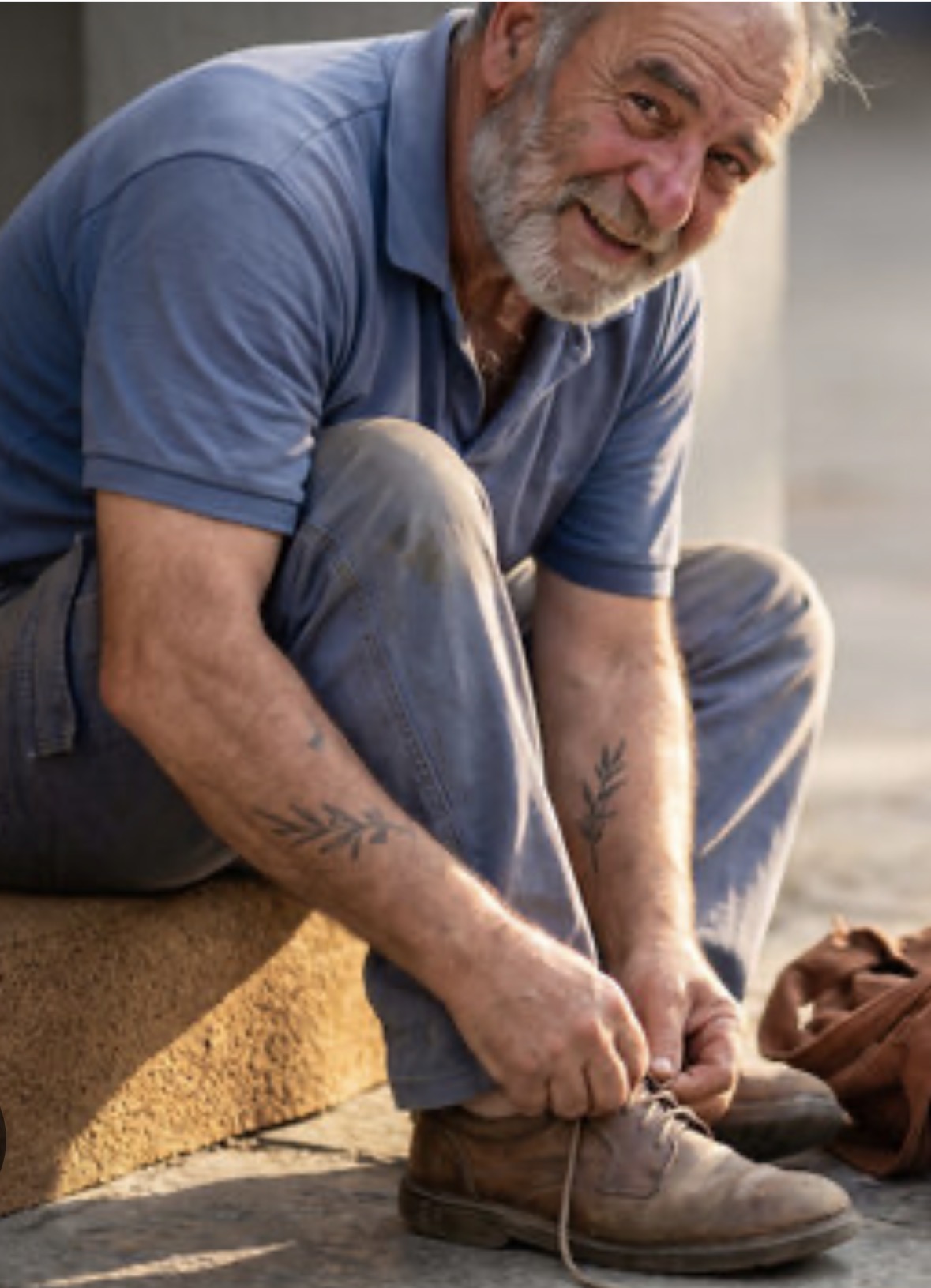 Illustrative photo of an older man tying his shoe outdoors; this is not Jerry