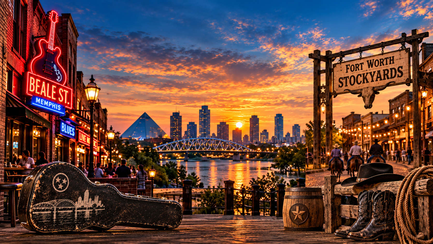 Memphis music heritage and the Fort Worth Stockyards framing a sunset skyline