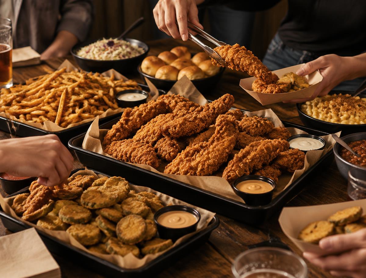 A generous catering spread of tenders, fried pickles, fries and sides