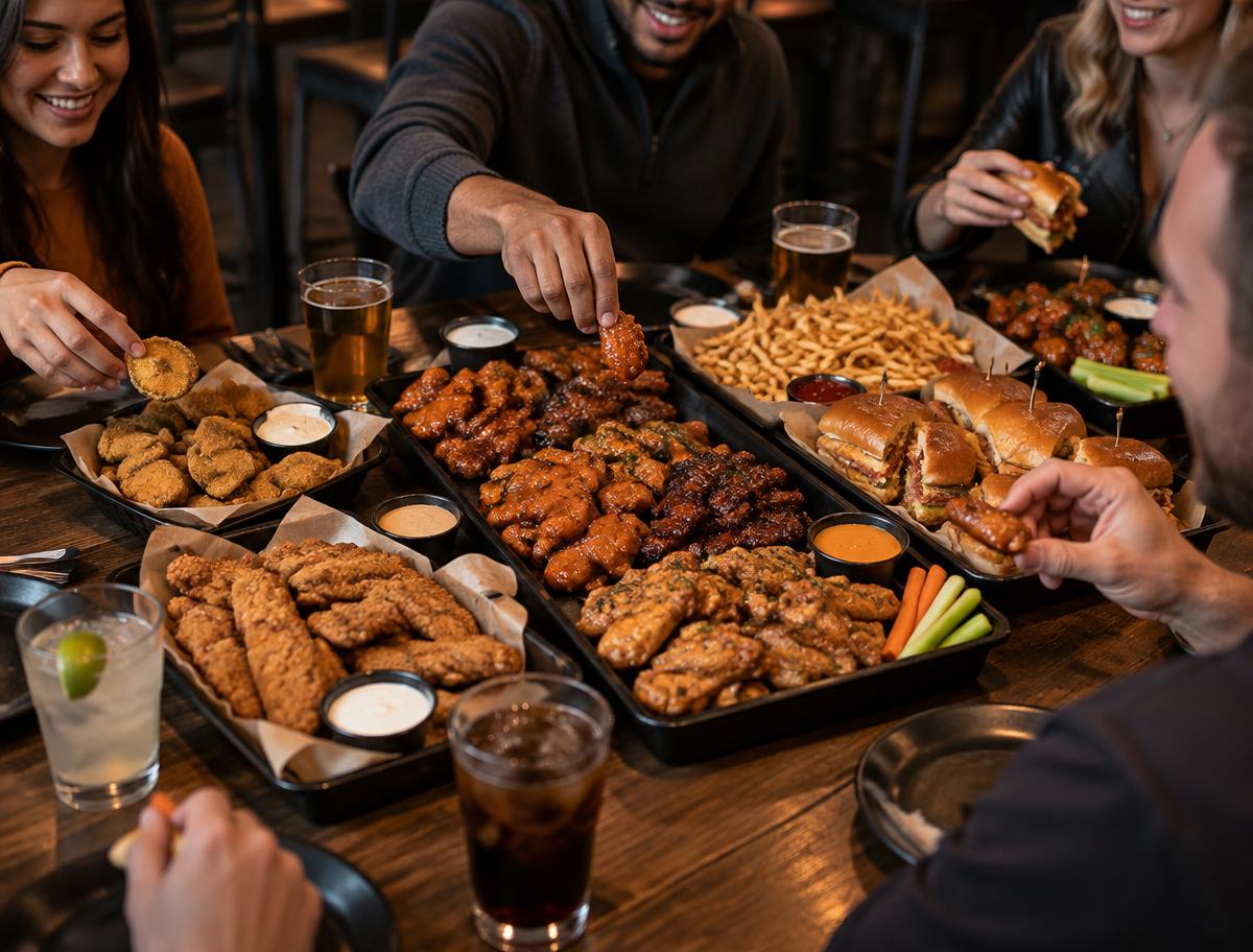 Friends sharing a full COOP spread of wings, tenders, sandwiches and sides