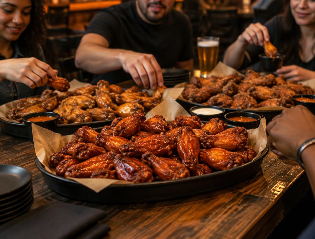Several trays of finished COOP wings in different flavors being shared around a table
