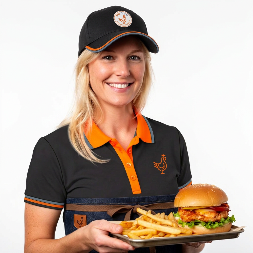 A COOP team member in the restaurant's signature uniform