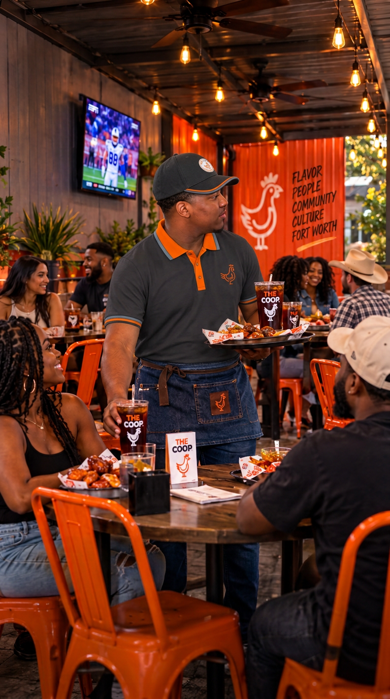 A COOP team member serving a lively table of guests