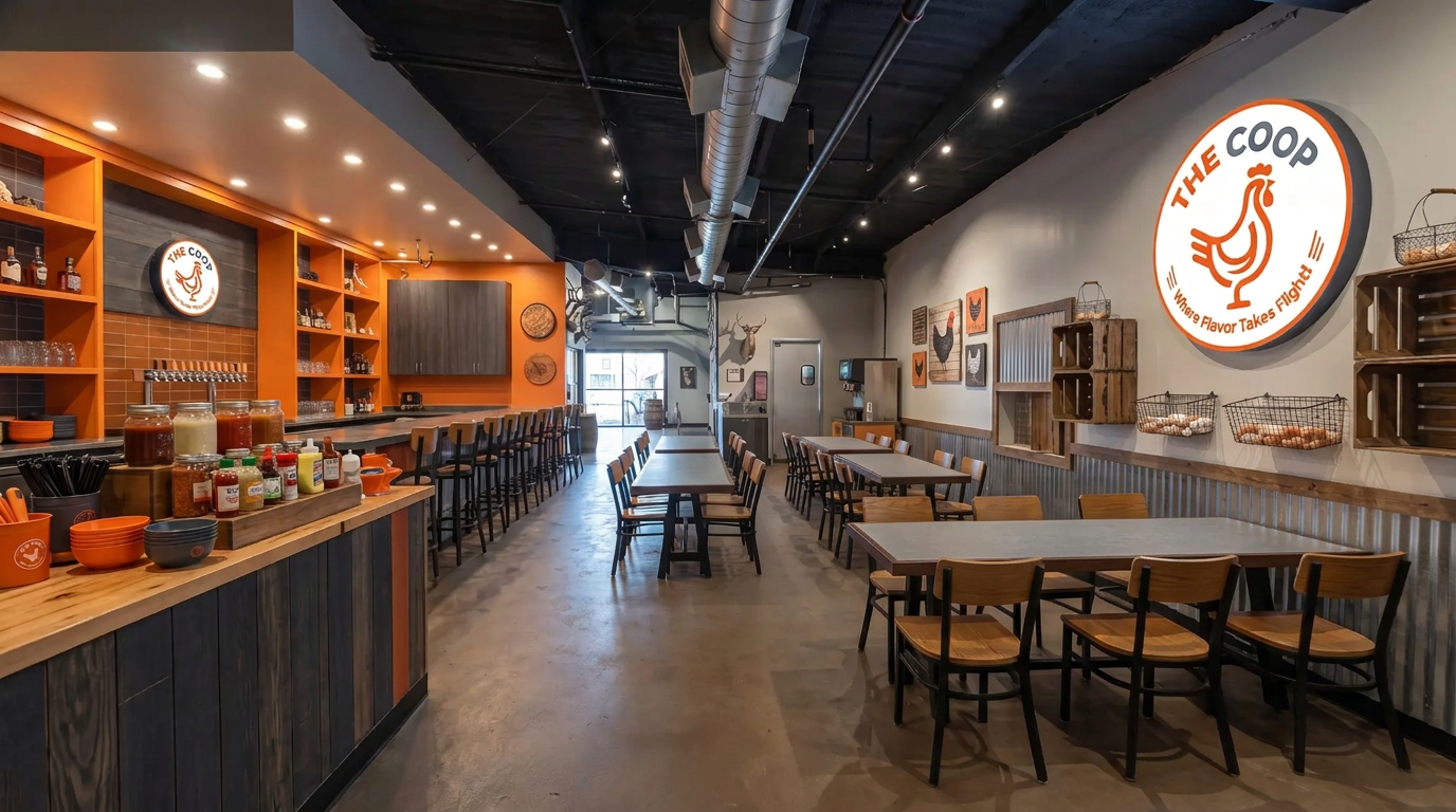 The COOP dining room, bar and warm orange details