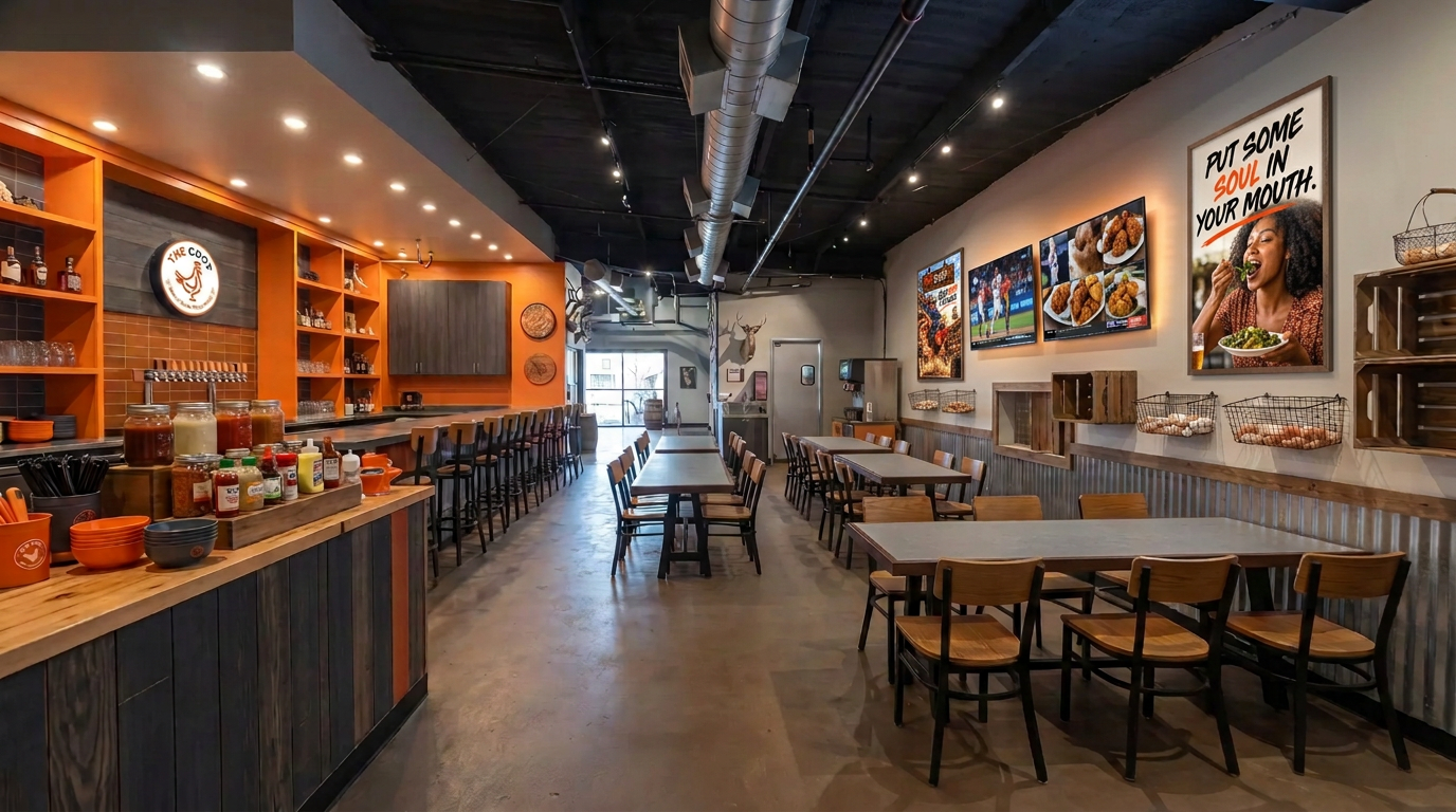 The COOP dining room with large televisions and wall art
