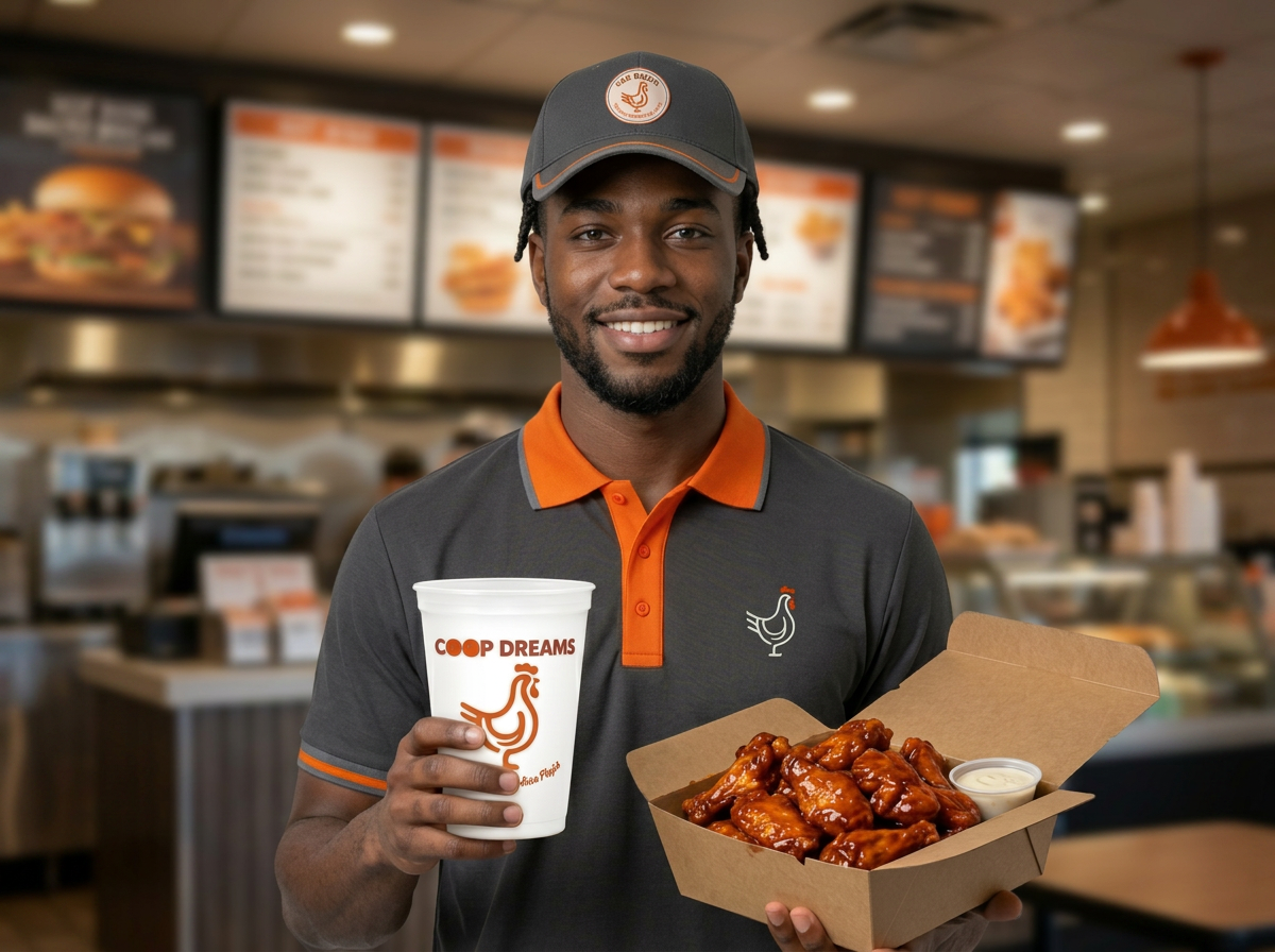The COOP team member with Coop Dreams cup and a box of saucy wings