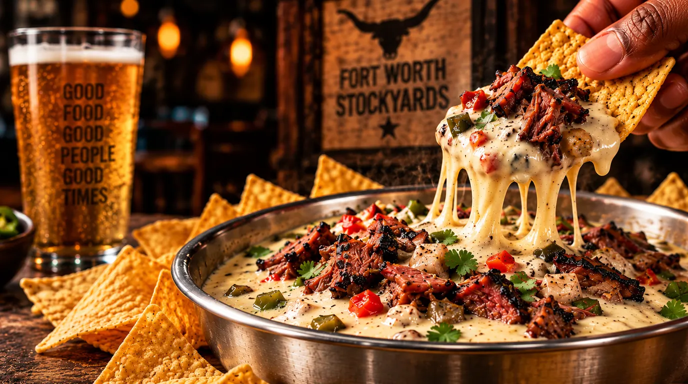 Stockyards Brisket Queso — smoked brisket melted into house queso with tortilla chips